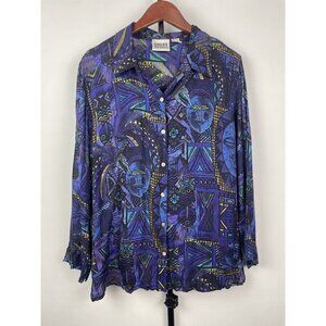 Vtg Chico’s Blue Black Abstract Art To Wear 100% Silk‎ Long Sleeve Blouse Size L